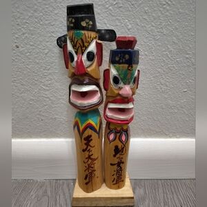 Vintage Carved Wood Jangseung Figurine Korean Totem Pole
